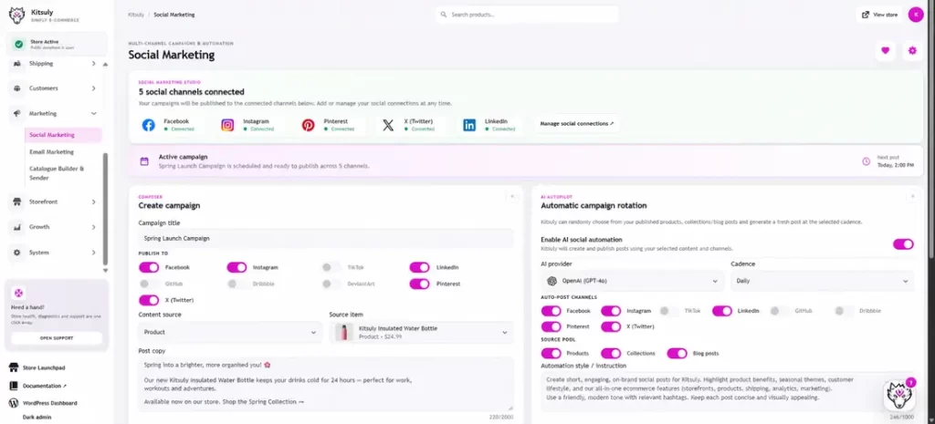 Social Campaigns from One Ecommerce Dashboard